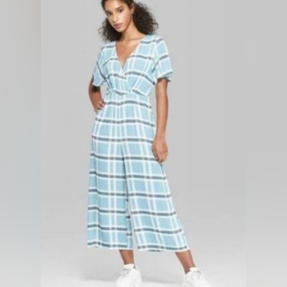 wild fable Pants - Wild Fable Wrap Front Blue Plaid Jumpsuit, Size M